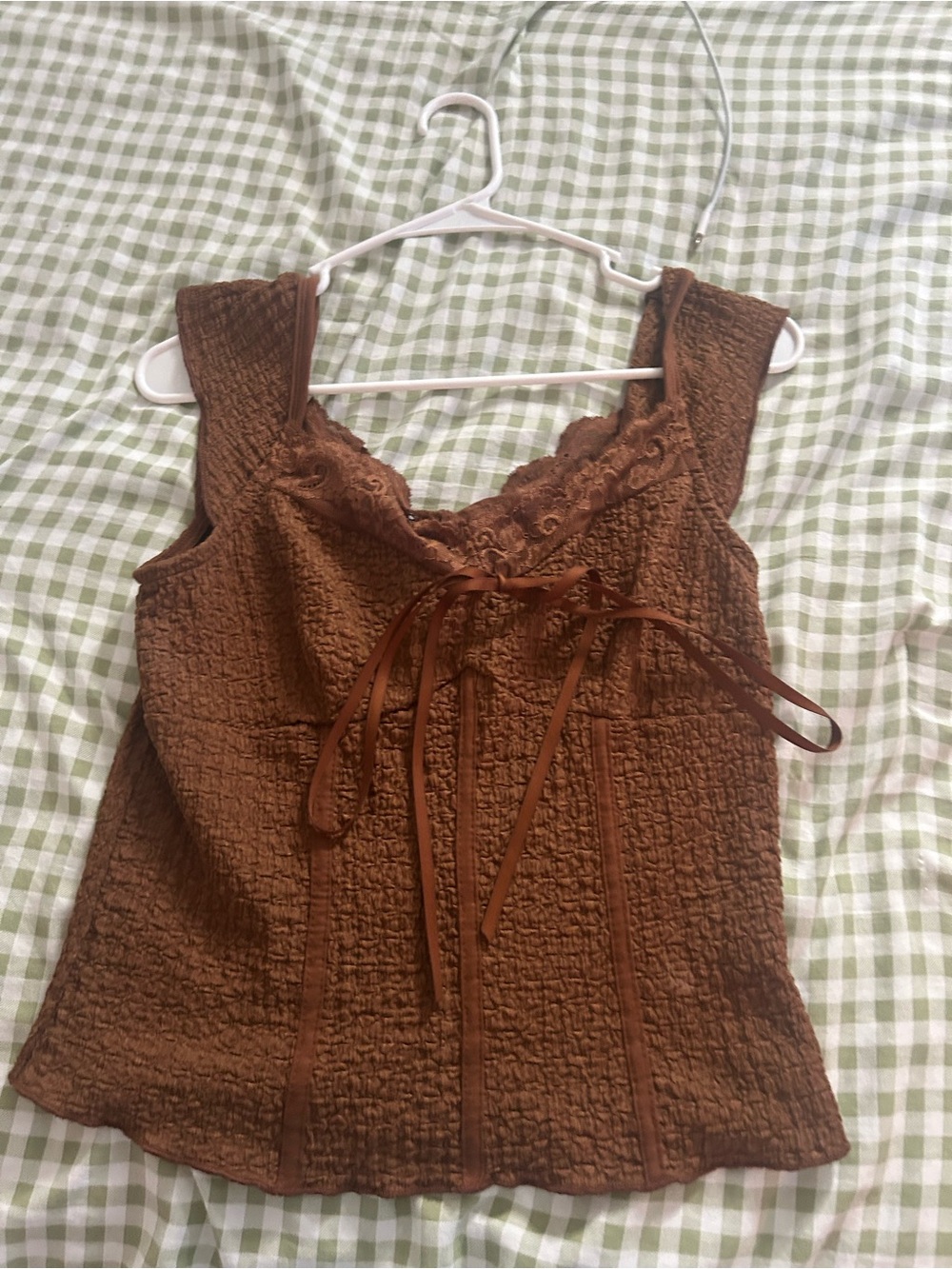 Brown Lace-Trim Tank Top with Ribbon Detail
